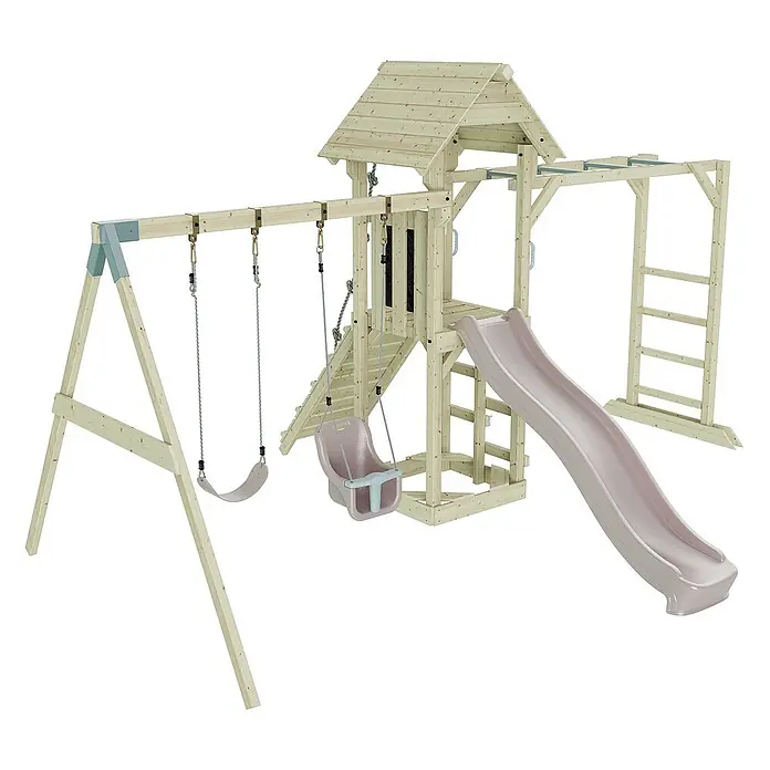 OutdoorToys Kinderspielturm Örebro - L x B x H: 358 x 491 x 275 cm, Rosa - Holzspielplatz mit Schaukeln, Rutsche und Klettergerüst für Kinder zum Spielen und Toben im Freien.