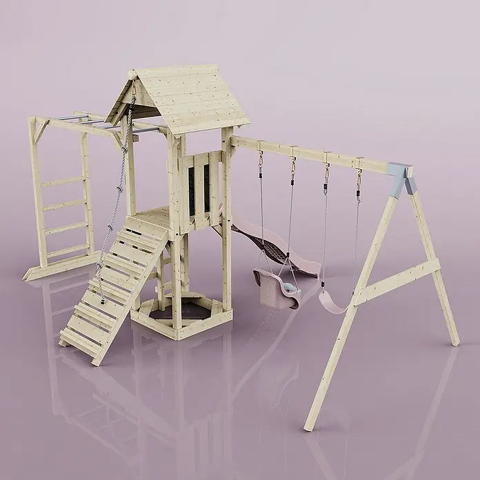 OutdoorToys Kinderspielturm Örebro - L x B x H: 358 x 491 x 275 cm, Rosa - Ein hölzerner Kinderspielplatz mit Schaukeln, Rutsche, Kletterwand und einem Spielhaus. Der Spielplatz bietet vielfältige Spielmöglichkeiten im Garten.