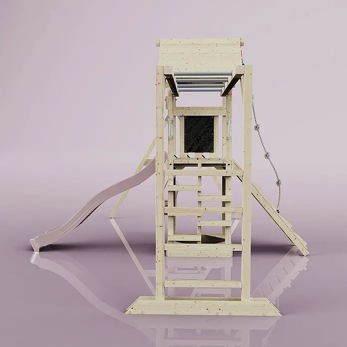 OutdoorToys Kinderspielturm Örebro - L x B x H: 358 x 491 x 275 cm, Rosa - Nahaufnahme eines hellen Holzspielplatzes mit Rutsche, Klettergerüst und Seilleiter vor einem einfarbigen Hintergrund.