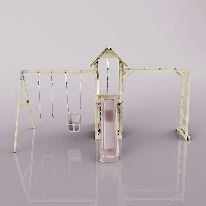 OutdoorToys Kinderspielturm Örebro - L x B x H: 358 x 491 x 275 cm, Rosa - Hölzernes Kinderspielhaus mit Schaukeln und Rutsche. Das Spielhaus ist aus hellem Holz gefertigt.