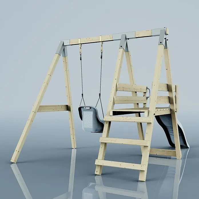 OutdoorToys Schaukel Schaukel Rotfuchs - B x L: 291 x 231 cm, Holz - Ansicht eines Kinderspielplatzes mit Schaukel und Rutsche. Die Holzkonstruktion sorgt für sicheren Spielspaß im Garten.