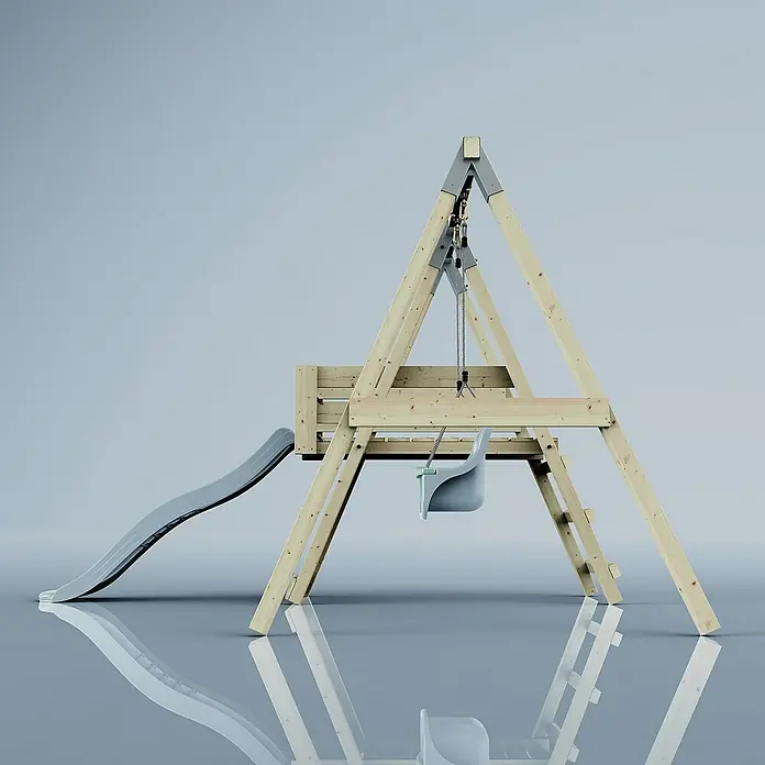 OutdoorToys Schaukel Schaukel Rotfuchs - B x L: 291 x 231 cm, Holz - Ein Spielplatzgerät mit Rutsche und Schaukel, ideal für Kinder, um Spaß zu haben und aktiv zu spielen.