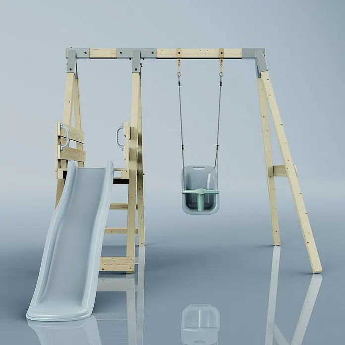 OutdoorToys Schaukel Schaukel Rotfuchs - B x L: 291 x 231 cm, Holz - Eine graue Kinderschaukel mit Rutsche und hölzernem Rahmen steht auf einem grauen Untergrund und verspricht stundenlangen Spielspaß.