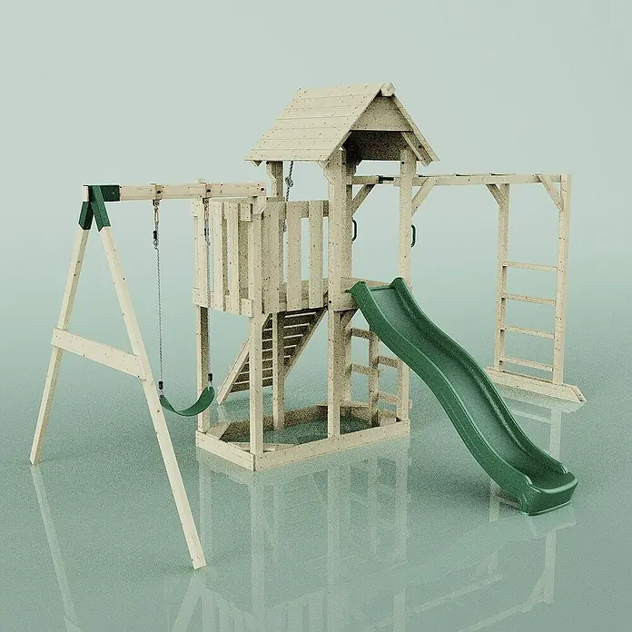 OutdoorToys Kinderspielturm Malmö - L x B x H: 358 x 40 x 275 cm, Grün - Ein detailreiches Bild eines Holzspielplatzes mit Schaukel, Rutsche und Klettergerüst, ideal für den Garten.