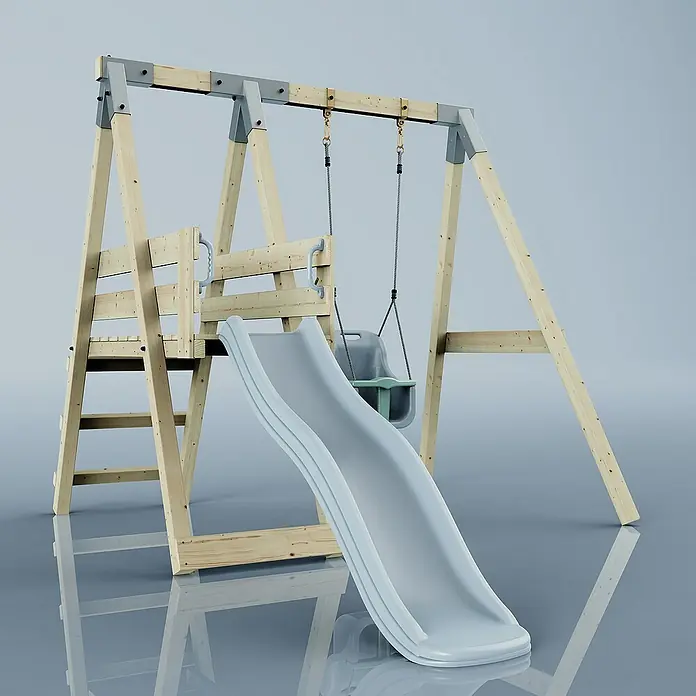 OutdoorToys Schaukel Schaukel Rotfuchs - B x L: 291 x 231 cm, Holz - Ein helles Holzspielgerät mit Schaukel und Rutsche für Kinder zum Spielen im Freien.