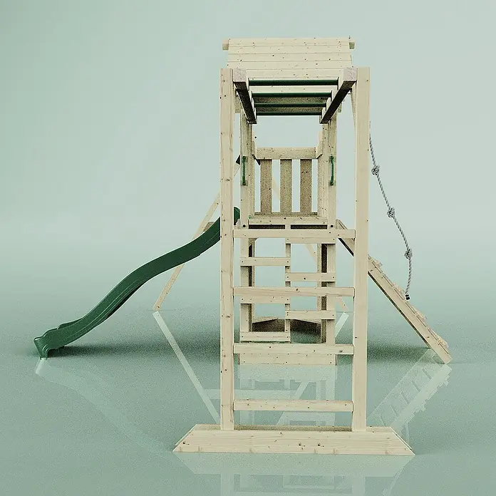 OutdoorToys Kinderspielturm Malmö - L x B x H: 358 x 40 x 275 cm, Grün - Ansicht eines hölzernen Spielturms mit Rutsche, Kletterwand und Leiter auf hellblauem Untergrund.