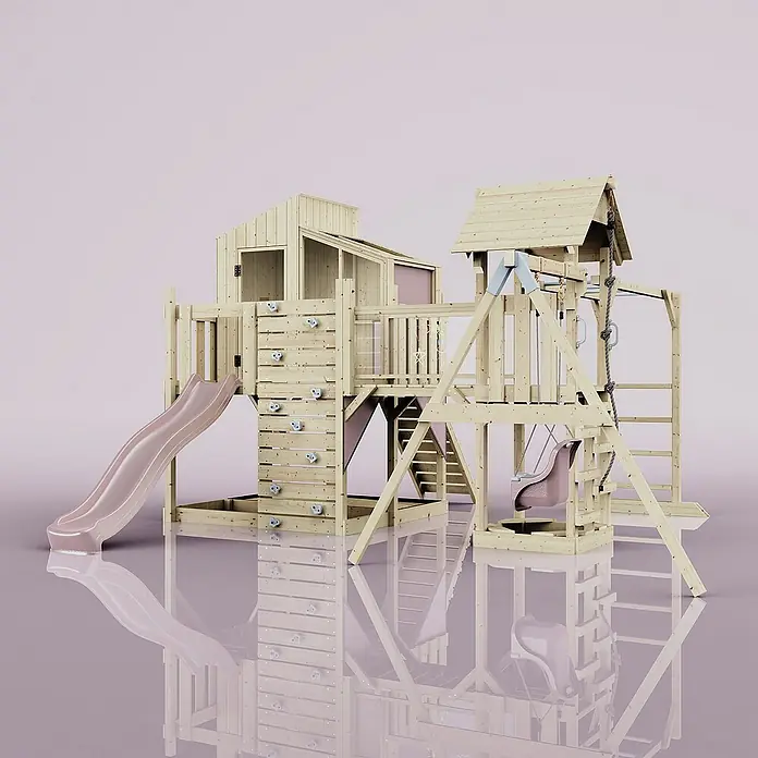 OutdoorToys Kinderspielturm Polarplay Liv - L x B x H: 400 x 503 x 291 cm, Rosa - Das Bild zeigt einen hellen Holzspielplatz mit Rutsche, Kletterwand und Schaukel vor einem rosa Hintergrund.