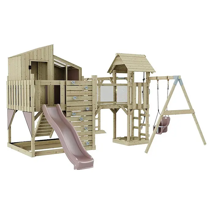 OutdoorToys Kinderspielturm Polarplay Liv - L x B x H: 400 x 503 x 291 cm, Rosa - Holzspielplatz mit Rutsche, Kletterwand und Schaukel für Kinder. Ideal für den Garten und zum Austoben im Freien.
