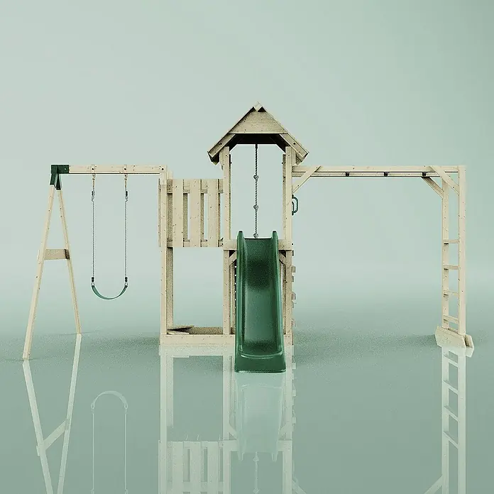 OutdoorToys Kinderspielturm Malmö - L x B x H: 358 x 40 x 275 cm, Grün - Das Bild zeigt ein hölzernes Spielplatzgerät mit Schaukel, Rutsche und Klettergerüst auf einem hellen Untergrund.