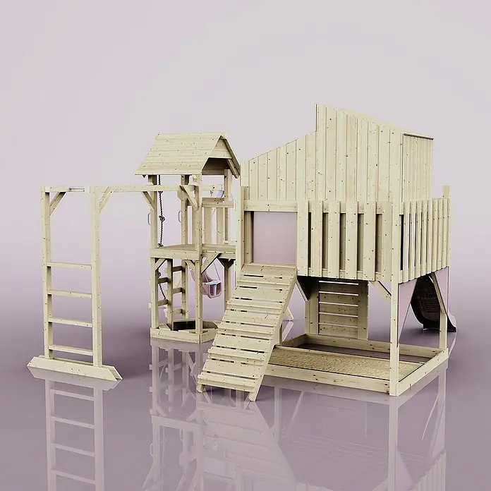 OutdoorToys Kinderspielturm Polarplay Liv - L x B x H: 400 x 503 x 291 cm, Rosa - Abenteuerlicher Spielplatz aus Holz mit Rutsche, Klettergerüst und Sandkasten für Kinder. Ideal für den Garten.