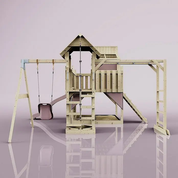 OutdoorToys Kinderspielturm Polarplay Liv - L x B x H: 400 x 503 x 291 cm, Rosa - Ein detailreiches Bild eines Holzspielplatzes mit Schaukel, Rutsche, Kletterwand und Sandkasten, ideal für Kinder zum Spielen und Spaß haben.