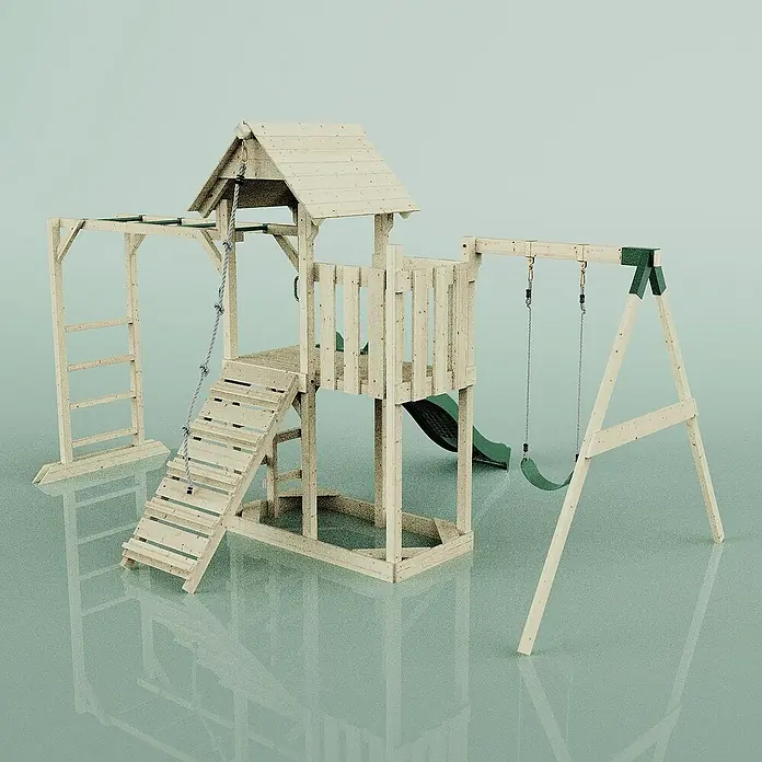 OutdoorToys Kinderspielturm Malmö - L x B x H: 358 x 40 x 275 cm, Grün - Ein detailreiches Bild eines hölzernen Spielplatzes mit Rutsche, Schaukel und Klettergerüst, ideal für fantasievolle Spiele im Freien.