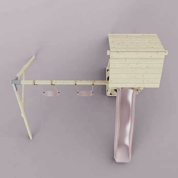 OutdoorToys Kinderspielturm Vimmerby - L x B x H: 332 x 357 x 273 cm, Rosa - Holzspielhaus mit Schaukel und Rutsche für Kinder. Ideal für den Garten, bietet es viel Spaß und Aktivität im Freien.