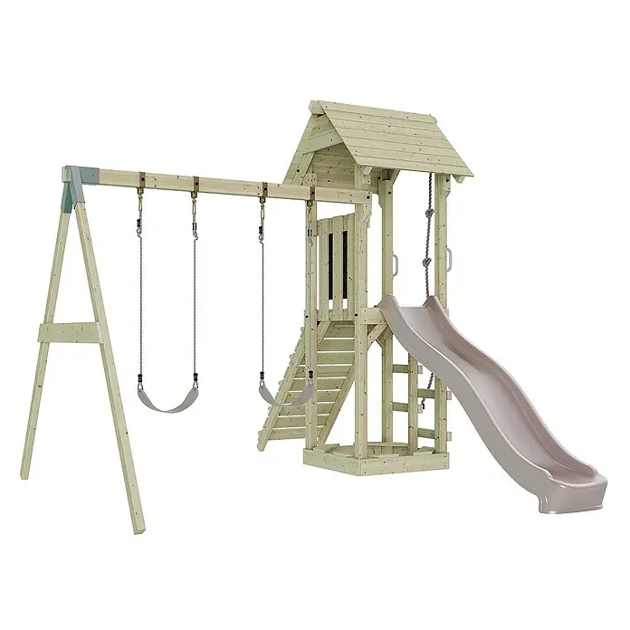 OutdoorToys Kinderspielturm Vimmerby - L x B x H: 332 x 357 x 273 cm, Rosa - Hölzernes Spielgerät mit Schaukeln, Rutsche und Turm für Kinder zum Spielen im Freien.