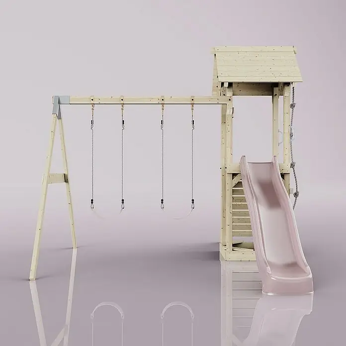 OutdoorToys Kinderspielturm Vimmerby - L x B x H: 332 x 357 x 273 cm, Rosa - Ein hölzernes Spielgerüst mit Schaukeln und Rutsche, ideal für Kinder zum Spielen und Toben im Freien.