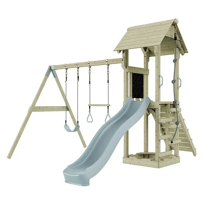 OutdoorToys Kinderspielturm Vimmerby - L x B x H: 332 x 357 x 273 cm, Blau - Freistehendes Spielgerät aus Holz mit Schaukel, Rutsche, Trapez und Kletterseil für Kinder, ideal für den Garten.
