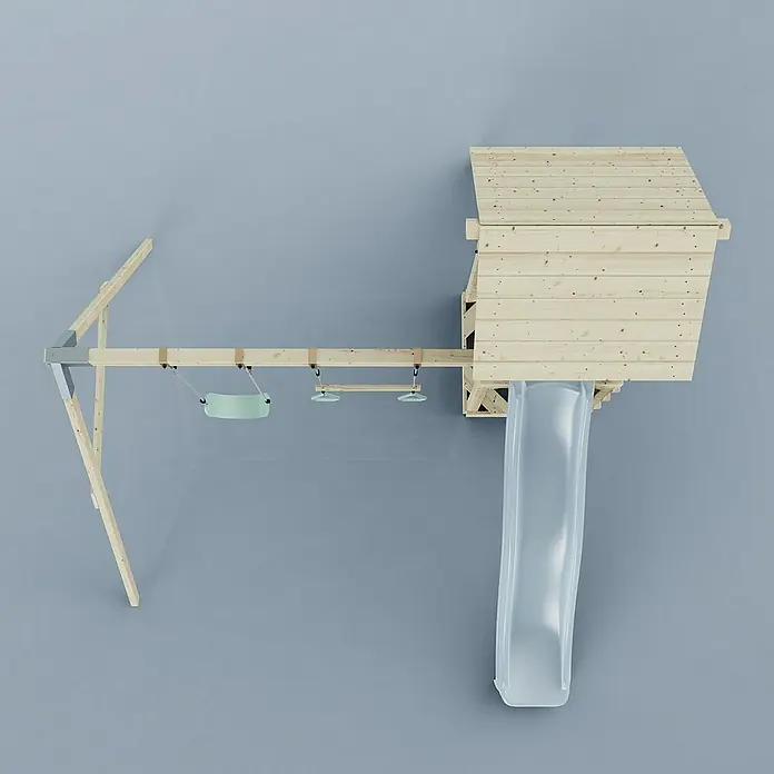 OutdoorToys Kinderspielturm Vimmerby - L x B x H: 332 x 357 x 273 cm, Blau - Ein hölzernes Spielhaus mit Rutsche, Schaukel und Reckstange, perfekt für Kinder zum Spielen im Freien.