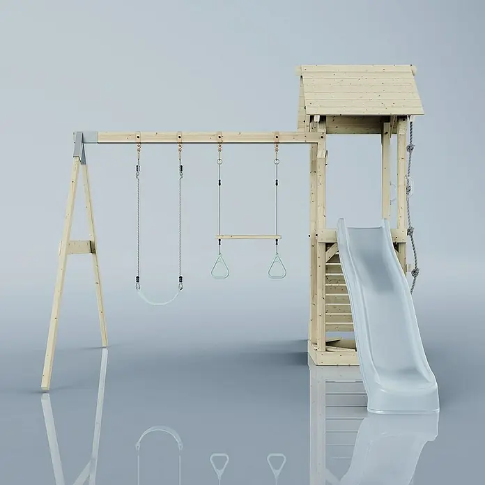 OutdoorToys Kinderspielturm Vimmerby - L x B x H: 332 x 357 x 273 cm, Blau - Ein hölzernes Spielhaus mit Schaukel, Turnringen und Rutsche bietet Kindern vielfältige Spielmöglichkeiten im Garten.