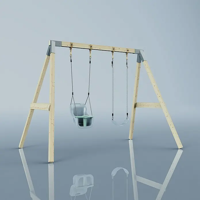 OutdoorToys Schaukel Schaukel Papagei - B x L: 177 x 260 cm, Holz - Eine Schaukel mit einem hellgrün-grauen Kindersitz und einer Schaukel für ältere Kinder vor einem hellgrauen Hintergrund.