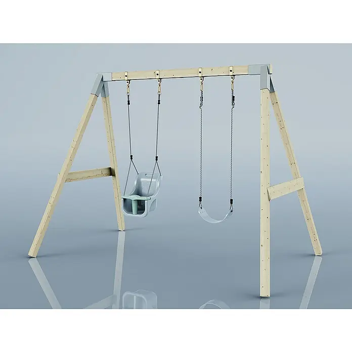 OutdoorToys Schaukel Schaukel Papagei - B x L: 177 x 260 cm, Holz - Eine detailreiche Aufnahme einer Schaukel mit Babysitz und einem Brettschaukelsitz, ideal für den Garten.