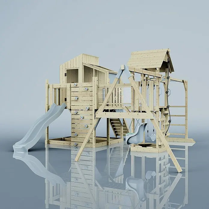 OutdoorToys Kinderspielturm Polarplay Emma - L x B x H: 490 x 503 x 291 cm, Blau - Holzspielplatz mit Rutsche, Schaukel und Kletterwand. Ideal für den Garten, um Kinder aktiv zu unterhalten.
