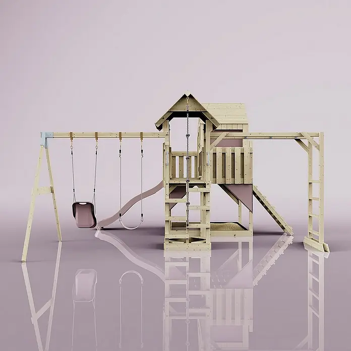 OutdoorToys Kinderspielturm Polarplay Knut - L x B x H: 490 x 503 x 291 cm, Rosa - Holzspielplatz mit Schaukel, Rutsche und Kletterturm. Ideal für stundenlangen Spaß im Garten.