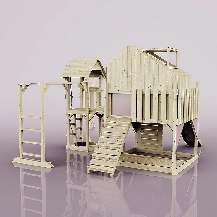 OutdoorToys Kinderspielturm Polarplay Knut - L x B x H: 490 x 503 x 291 cm, Rosa - Holzspielplatz mit Turm, Schaukel und Rutsche. Perfekt für stundenlangen Spielspaß im Garten.