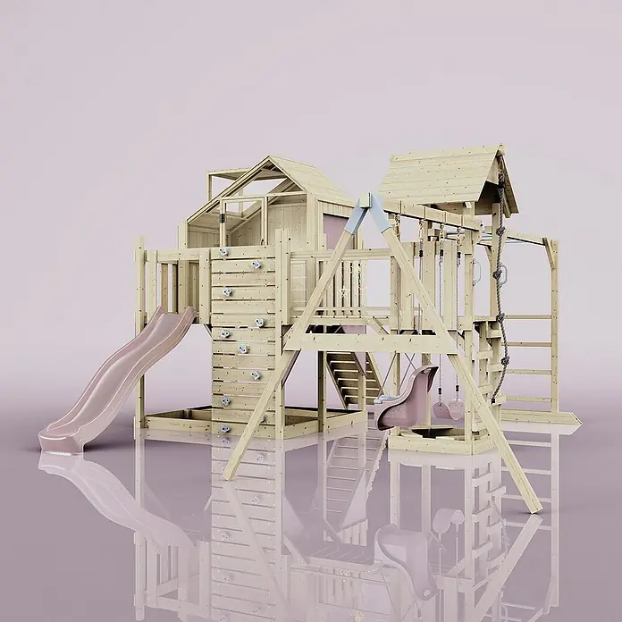 OutdoorToys Kinderspielturm Polarplay Knut - L x B x H: 490 x 503 x 291 cm, Rosa - Kinderspielplatz aus Holz mit Rutsche, Schaukel und Kletterwand für stundenlangen Spaß im Garten.
