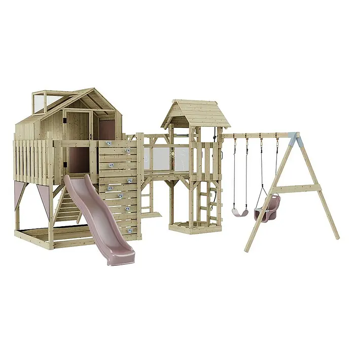 OutdoorToys Kinderspielturm Polarplay Knut - L x B x H: 490 x 503 x 291 cm, Rosa - Spielplatzgerät aus Holz mit Rutsche, Schaukeln und Kletterwand für Kinder zum Spielen im Freien.
