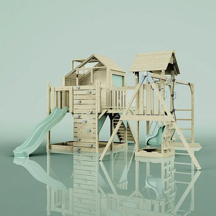OutdoorToys Kinderspielturm Polarplay Mille - L x B x H: 400 x 503 x 291 cm, Grün - Ein detailreiches Bild eines hölzernen Spielplatzes mit Rutsche, Kletterwand und Schaukel. Ideal für Kinder zum Spielen und Toben im Freien.