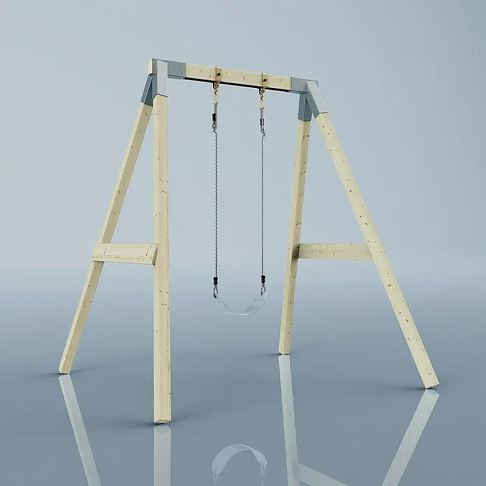 OutdoorToys Schaukel Schaukel Giraffe - B x L: 163 x 179 cm, Holz - Schaukel mit Holzrahmen und grauem Metallverbinder auf glatter Oberfläche. Die Schaukel hängt an Seilen und hat einen klaren Sitz.