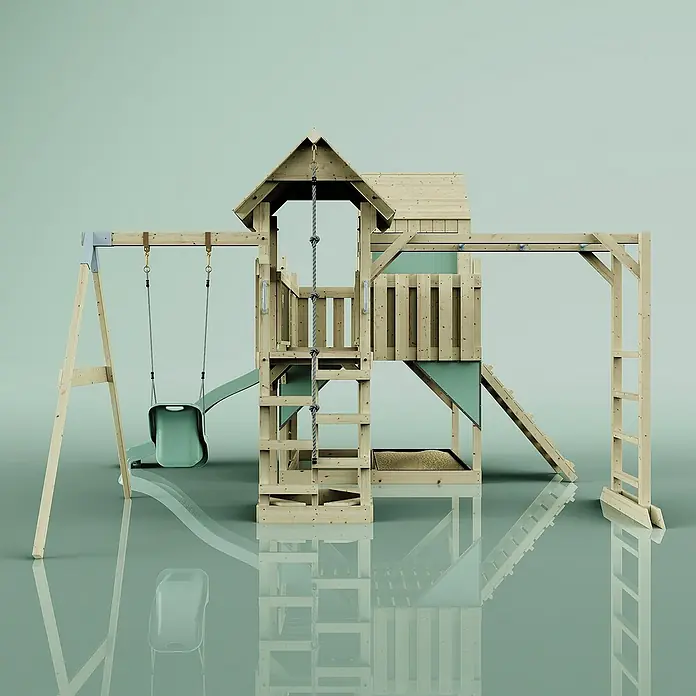 OutdoorToys Kinderspielturm Polarplay Mille - L x B x H: 400 x 503 x 291 cm, Grün - Holzspielplatz mit Schaukeln, Rutsche und Klettergerüst für stundenlangen Spielspaß im Garten. Robust und langlebig.