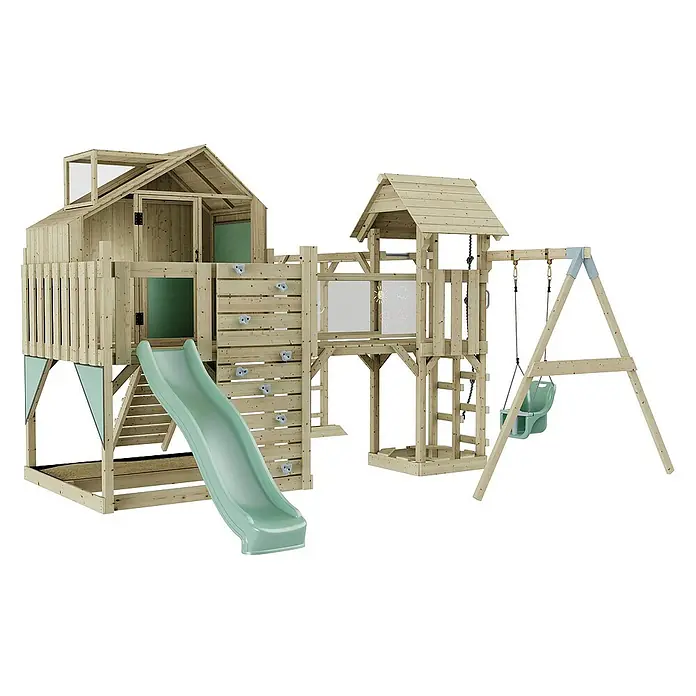OutdoorToys Kinderspielturm Polarplay Mille - L x B x H: 400 x 503 x 291 cm, Grün - Ein vielseitiger Holzspielplatz mit Rutsche, Kletterwand und Schaukel, ideal für stundenlangen Spaß im Freien.