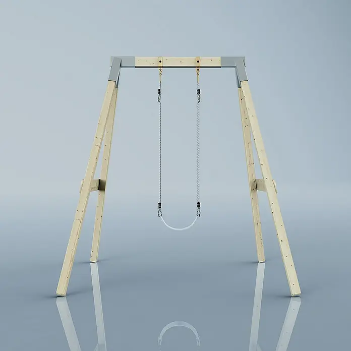 OutdoorToys Schaukel Schaukel Giraffe - B x L: 163 x 179 cm, Holz - Das Bild zeigt eine Kinderschaukel mit einem Holzrahmen, Seilen und einem weißen Sitz vor einem neutralen Hintergrund.
