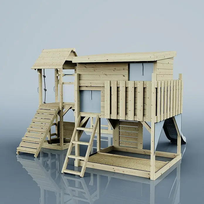 OutdoorToys Kinderspielturm Polarplay Isak - L x B x H: 444 x 406 x 274 cm, Blau - Ein hölzernes Spielhaus mit Rutsche, Leiter und Schaukel bietet Kindern vielseitigen Spaß im Garten. Ideal für fantasievolles Spielen im Freien.