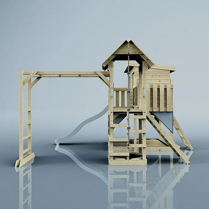 OutdoorToys Kinderspielturm Polarplay Isak - L x B x H: 444 x 406 x 274 cm, Blau - Holzspielplatz mit Turm, Rutsche, Kletterwand und Schaukelgerüst für stundenlangen Spaß im Garten.