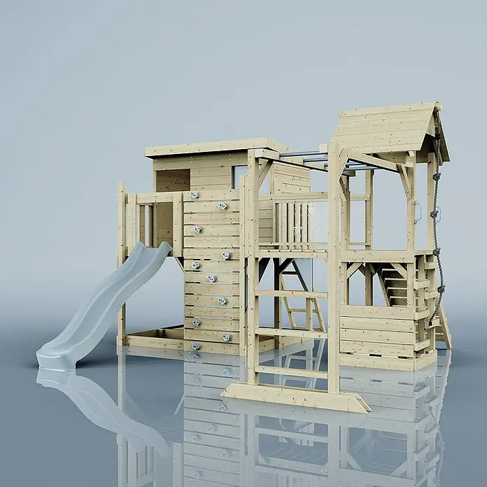 OutdoorToys Kinderspielturm Polarplay Isak - L x B x H: 444 x 406 x 274 cm, Blau - Ein hölzernes Spielhaus mit Rutsche, Kletterwand und Seilaufstieg bietet Kindern vielfältige Spielmöglichkeiten im Garten.