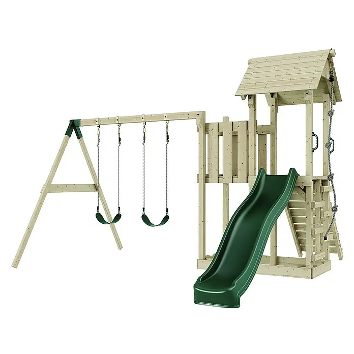OutdoorToys Kinderspielturm Uppsala - L x B x H: 373 x 357 x 273 cm, Grün - Holzspielplatz mit Schaukeln, Rutsche und Kletterturm für stundenlangen Spielspaß im Garten. Das perfekte Spielset für Kinder.