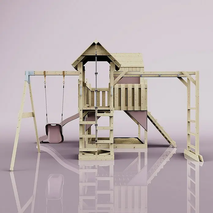 OutdoorToys Kinderspielturm Polarplay Mille - L x B x H: 400 x 503 x 291 cm, Rosa - Ein hölzernes Spielgerät mit Schaukel, Rutsche und Klettergerüst für Kinder, ideal für stundenlangen Spielspaß im Freien.