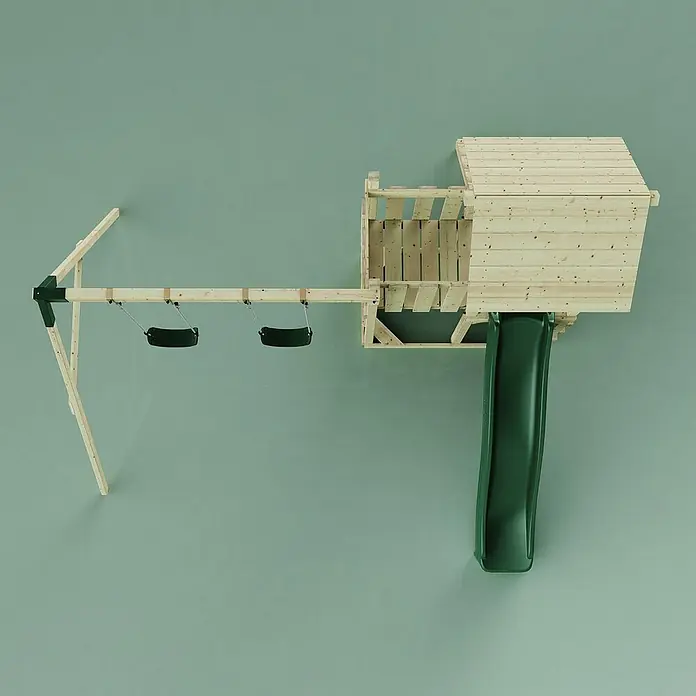 OutdoorToys Kinderspielturm Uppsala - L x B x H: 373 x 357 x 273 cm, Grün - Ansicht von oben von einem Holzspielturm mit Schaukeln und einer grünen Rutsche vor einem mintgrünen Hintergrund.