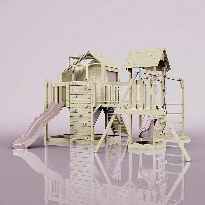 OutdoorToys Kinderspielturm Polarplay Mille - L x B x H: 400 x 503 x 291 cm, Rosa - Holzspielplatz mit Rutsche, Schaukel und Kletterwand. Ideal für stundenlangen Spaß im Garten. Das robuste Design bietet vielseitige Spielmöglichkeiten.