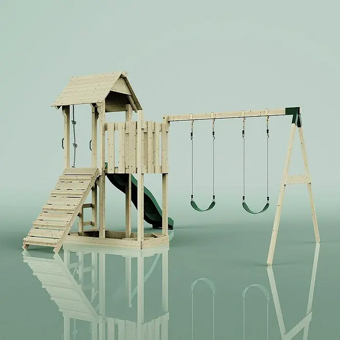 OutdoorToys Kinderspielturm Uppsala - L x B x H: 373 x 357 x 273 cm, Grün - Ein hölzerner Kinderspielplatz mit Schaukeln, Rutsche und Turm, der zum aktiven Spielen im Freien einlädt.