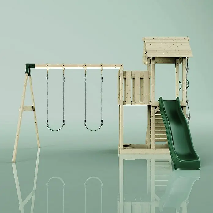 OutdoorToys Kinderspielturm Uppsala - L x B x H: 373 x 357 x 273 cm, Grün - Ein hölzernes Spielgerüst mit Schaukel und Rutsche für Kinder, ideal für den Garten.
