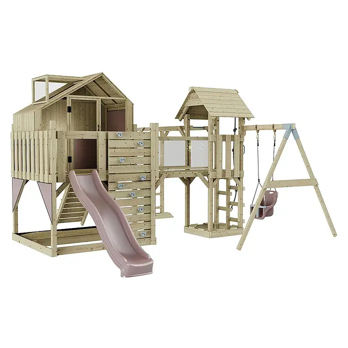 OutdoorToys Kinderspielturm Polarplay Mille - L x B x H: 400 x 503 x 291 cm, Rosa - Holzspielplatz mit Kletterwand, Rutsche und Schaukel für stundenlangen Spielspaß im eigenen Garten. Ideal für aktive Kinder.