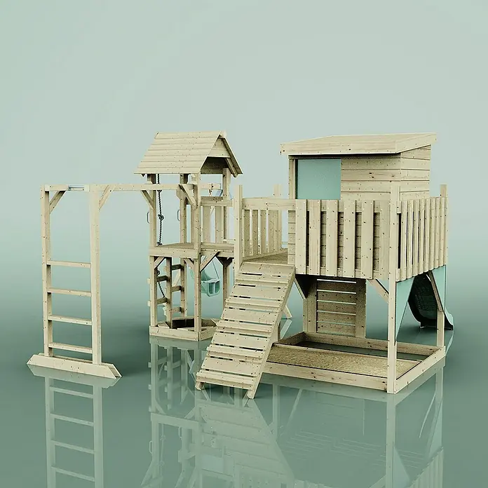 OutdoorToys Kinderspielturm Lene Babyschaukel; - Holz, Grün - Ein detailreiches Bild eines Holzspielplatzes mit Klettergerüst, Rutsche und kleinem Häuschen. Ideal für aktive Kinder und fantasievolles Spielen im Freien.
