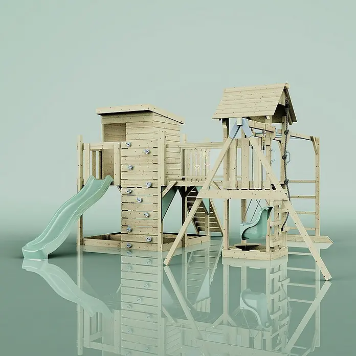 OutdoorToys Kinderspielturm Lene Babyschaukel; - Holz, Grün - Holzspielturm mit Rutsche, Kletterwand und Schaukel für stundenlangen Spaß im Garten. Ideal für Kinder zum Spielen und Toben im Freien.