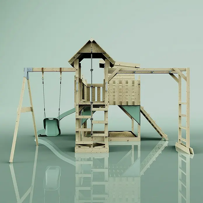 OutdoorToys Kinderspielturm Lene Babyschaukel; - Holz, Grün - Abbildung eines Spielplatzes aus Holz mit Schaukel, Rutsche, Kletterwand und Sandkasten, ideal für Outdoor-Spaß.