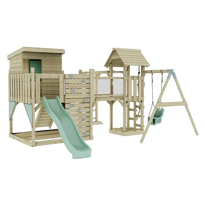 OutdoorToys Kinderspielturm Lene Babyschaukel; - Holz, Grün - Holzspielplatz mit Rutsche, Schaukel und Kletterwand für Kinder zum Austoben im Garten. Das ideale Spielgerät für aktive Kinder.