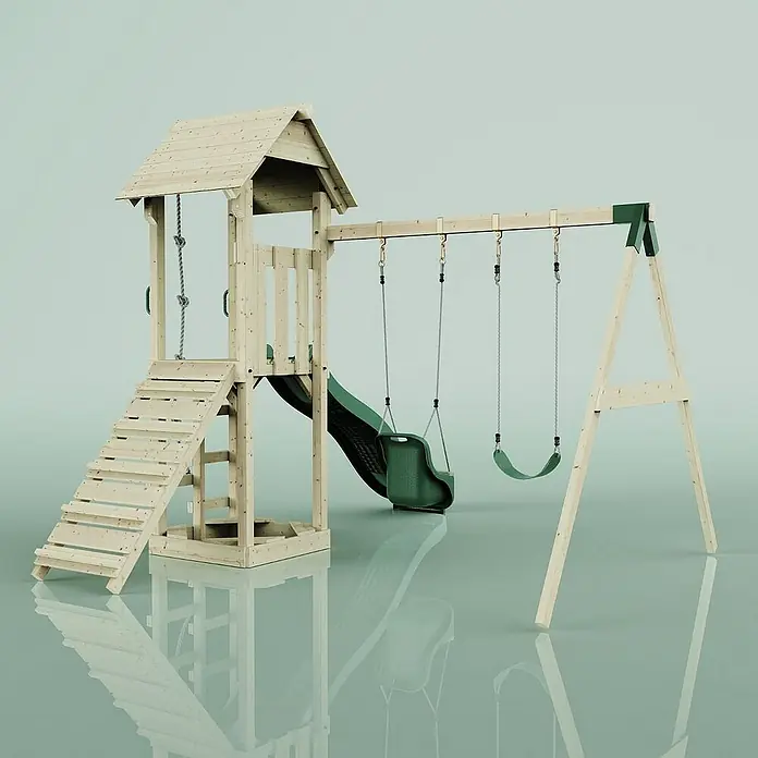 OutdoorToys Kinderspielturm Vimmerby - L x B x H: 332 x 357 x 273 cm, Grün - Detailaufnahme eines hölzernen Kinderspielplatzes mit Rutsche und Schaukeln auf reflektierendem Untergrund. Ideal für den Garten.