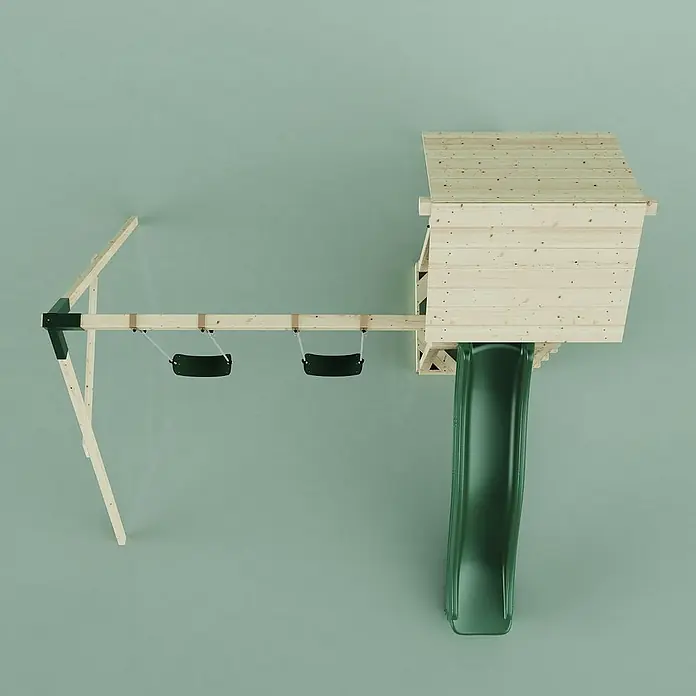 OutdoorToys Kinderspielturm Vimmerby - L x B x H: 332 x 357 x 273 cm, Grün - Ein hölzernes Spielhaus mit Schaukel und Rutsche, von oben fotografiert. Ideal für Spaß im Freien. Robuste Bauweise und sicheres Design.